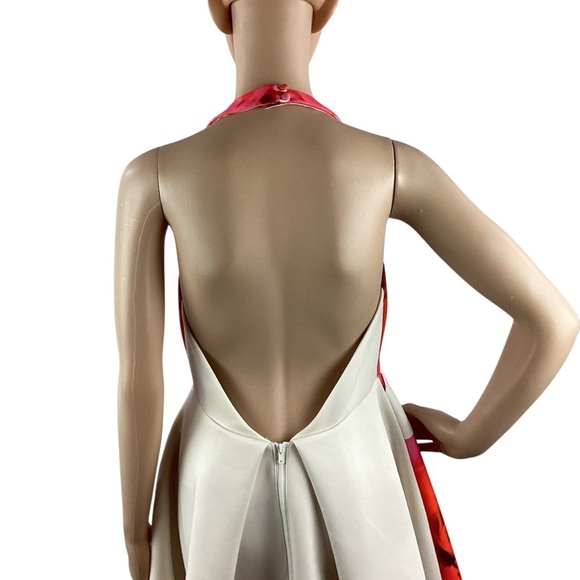 Keepsake Chained Ivory Red Floral Halter Skater Mini Dress Open Back Size L - Picture 6 of 9